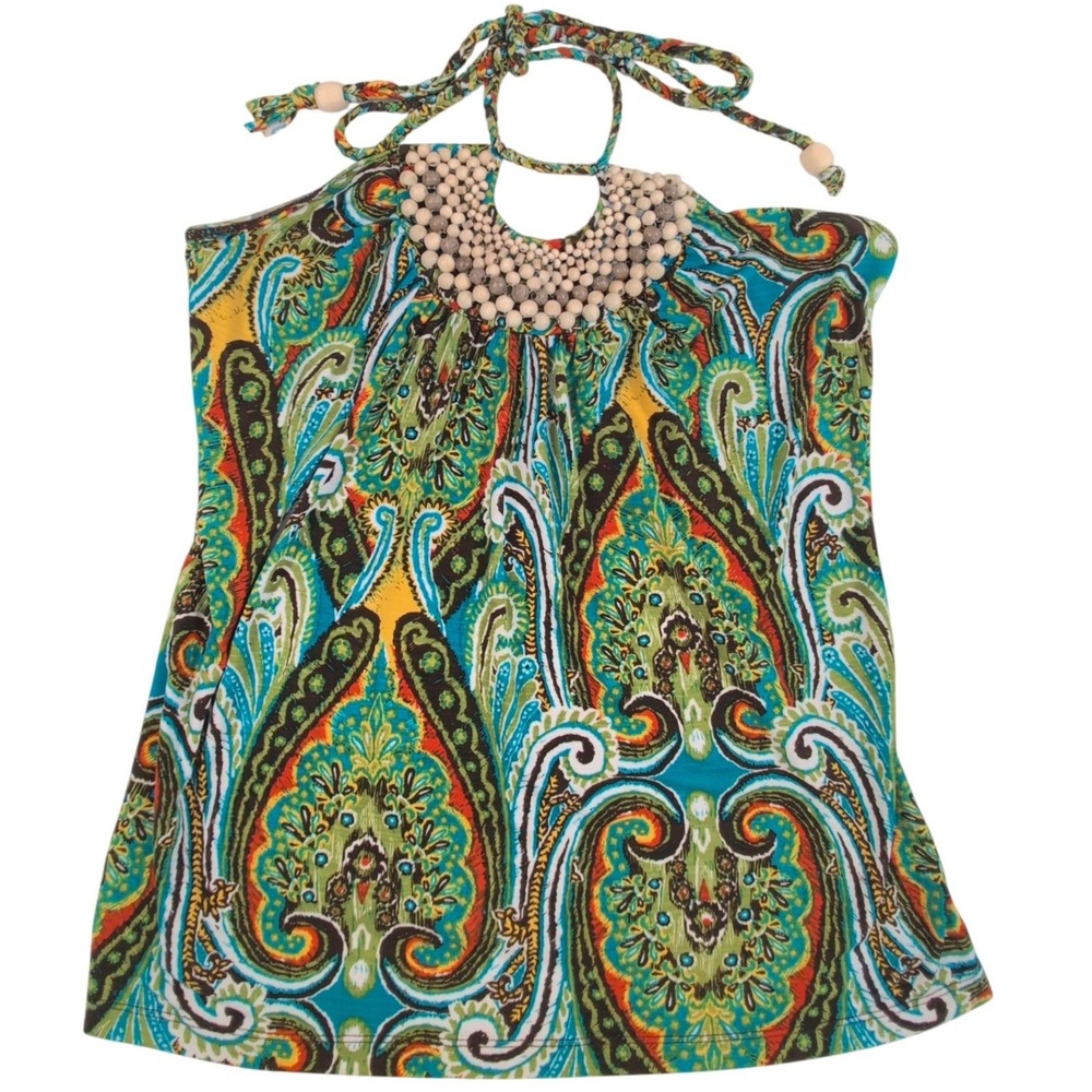 John Paul Richard Boho Paisley Wooden Bead Halter Top Wood Bead Neck Large